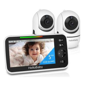 imageHelloBaby Upgrade 5 Baby Monitor with 26Hour Battery 2 Cameras PanTiltZoom 1000ft Range Video Audio Baby Monitor No WiFi VOX Night Vision 2Way Talk 8 Lullabies and TemperatureHB65502