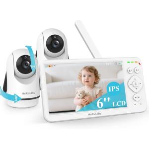 imageHelloBaby Baby Monitor with 2 Cameras Large 6 Video Baby Monitor No WiFi30Hour Long Battery 320 PanTilt Camera with 2X Zoom Auto Night Vision 2Way TalkECO1000ft Portable 150 Languages2 Cams